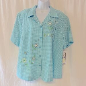 Alfred Dunner Aqua Gingham Embroidered Blouse 18